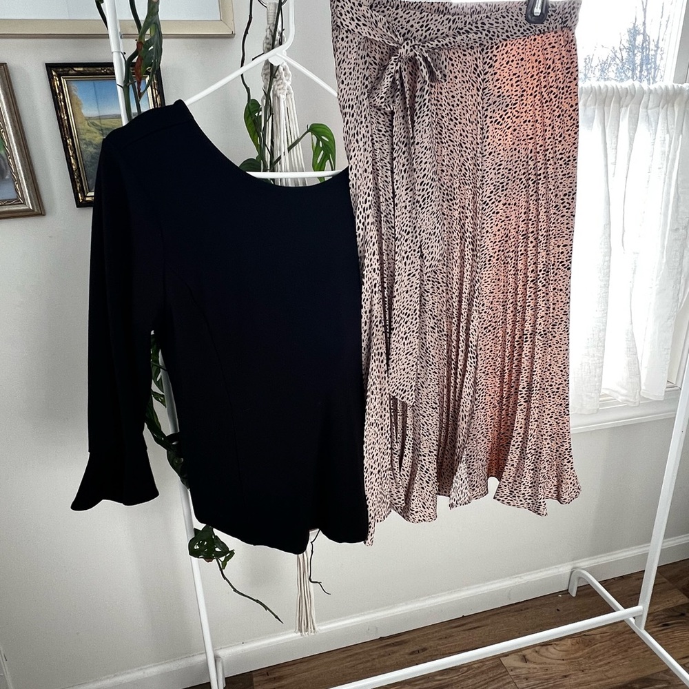 Outfit! Pleated animal print skirt and black Talbots tulip blouse, both LP